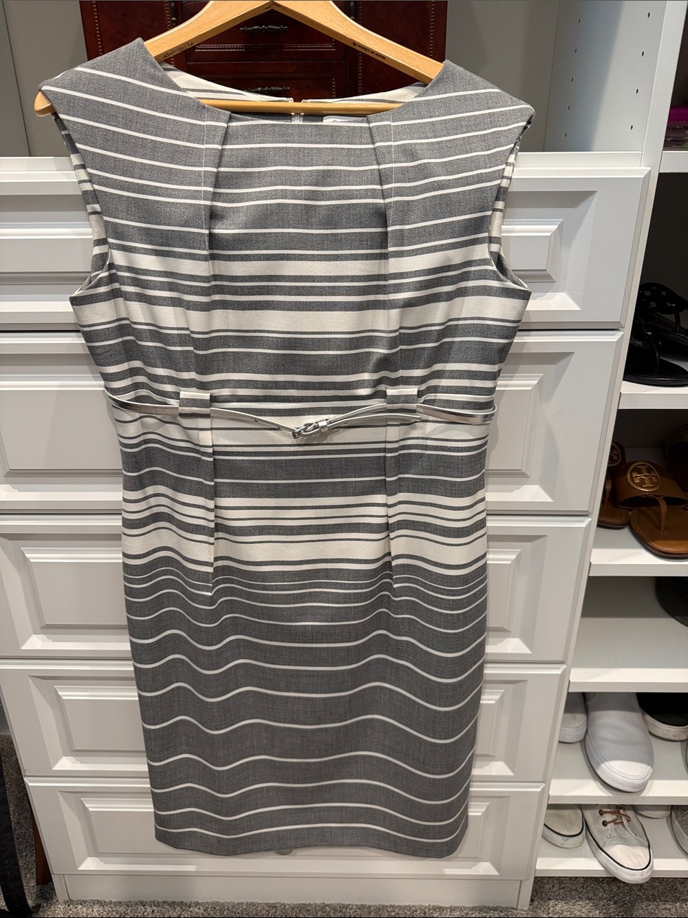Calvin Klein Gray and White Striped Midi Sheath Dress